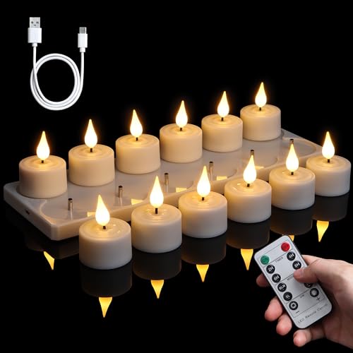 FREEPOWER 12er Aufladbare LED Teelichter mit Ladestation Fernbedienung und Timer Elektrische Wiederaufladbare Kerzen Flackern Warmweiß Dimmbar Teelicht mit USB-Kabel Ø4 x 5.5cm