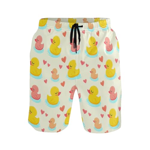 Cute Rubber Duck Heart Yellow Mens Swim Trunks Quick Dry Beach Shorts with Pocket S 23022222