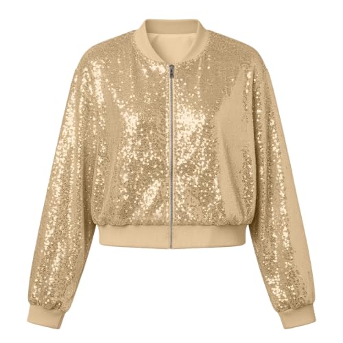 XINGJIAARTS Sequin Jackets For Women Cropped Zip Up Party Jacket Collar Outwear Long Sleeve Lightweight Sparkly Coats No Hood Beige Small - image 3
