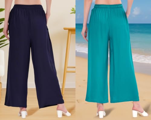 Image of Buy That Trendz Palazzo Pants for Women Cotton Rayon Elasticated Regular Fit Flared Wide Leg M to 6XL Pack of 2