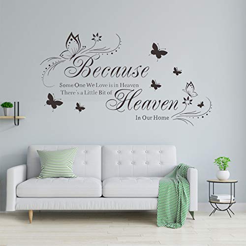 Because Someone We Love Is In Heaven Wall Decals, Flowers Quotes And Sayings Butterfly Wall Stickers, Removable Diy Vinyl Wall Decor Art Mural For Bedroom Living Room Decoration (Black) #TOP5