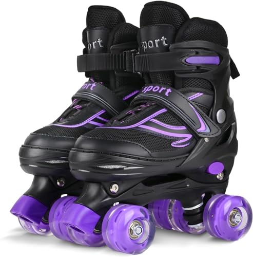 DUZSKJ Verstellbare Kinder Rollschuhe für Jungen Mädchen, Einstellbare Rollschuhe für kleine große Kinder Anfänger (Schwarz & Violett, M)