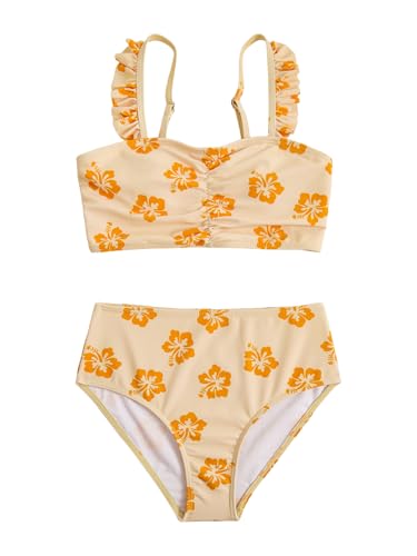 Image of RoseSeek Girl's 2 Piece Cherry Print Swimwear Ruffle Trim Ruched Bathing Suits Cute Swimsuits