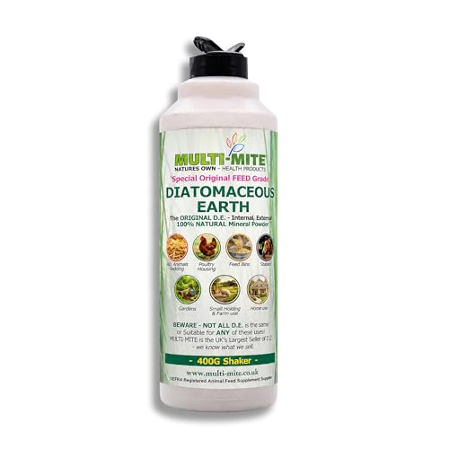 Multi-Mite 400G SHAKER Feed Grade Diatomaceous Earth DE Powder for Dogs Cats Poultry Animal Bedding & Housing Pet Areas Stables Gardens. 100% Natural Highly Absorbent & Desiccating DEFRA Registered