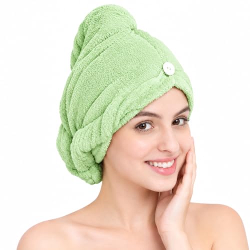 Image of Hair Towel Wrap for Women-Quick Drying Microfiber Towel for Hair with Elastic Loop for Tying-Super Absorbent Head Towels Wrap for Ladies Hair Turban (Pack of 1,Green)