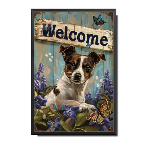 Ymyoo Decorative Tin Sign Vintage Wall Art Jack Russell Welcome Bluebells for Home Offices Library Rooms and Traditional Interiors Waterproof Rustproof Aluminum 12×16 Inches with Metal Frame