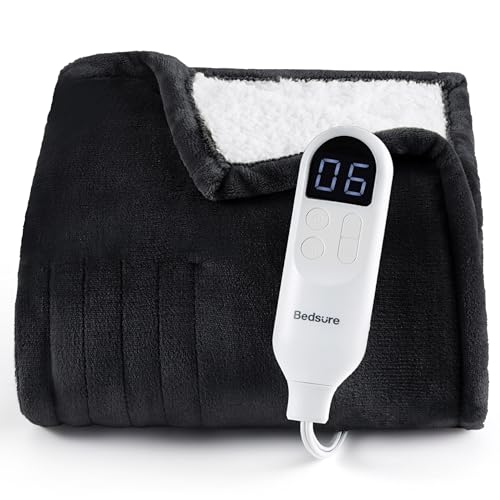 Bedsure Heated Blanket Throw Blanket with Preheat Function - Fast Heating Electric Blanket, Soft Flannel Throw with 6 Time Settings(Up to 10H), 6 Heating Settings, Gifts for Grandma (50"x60", Black)