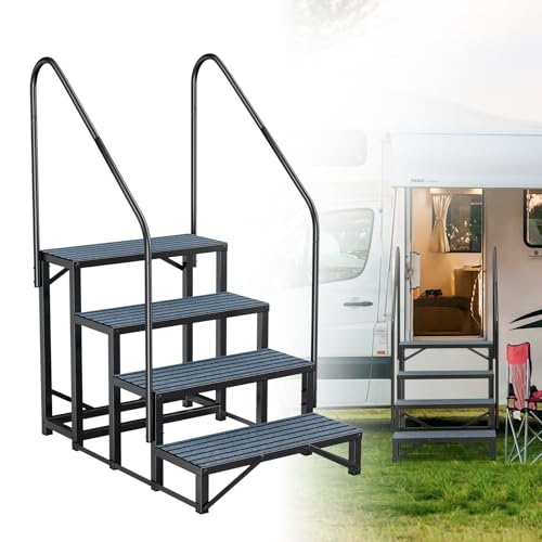 Rv Steps with Handrail 4 Step Hot Tub Steps with Anti-Slip Mats Heavy Duty Metal Mobile Home Stairs Camper Steps for Travel Trailer Portable Step Ladder for Spa Pool and Porch