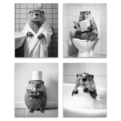 OFJE Funny Beaver Wall Art Decor Prints, Black and White Beaver Posters Pictures Wall Decor for Bathroom Washroom,Rustic Retro Wall Decorations Humor Animals Artwork Prints,8x10inchx4pcs,Unframed,PJ1087-HB