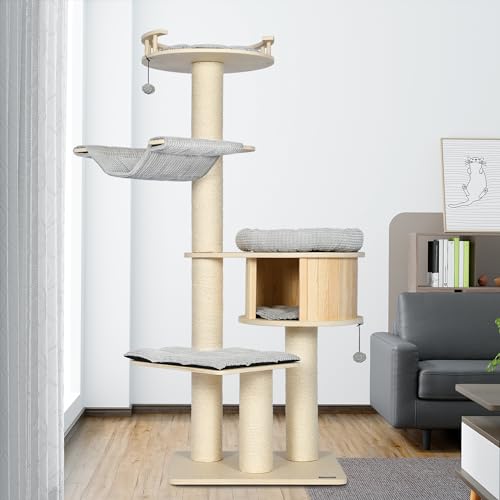 Image of KAMABOKO Tall Cat Tree, 68 inch Large Cat Tower Multi-Level Platforms with Sisal Scratching Posts, Cat Tree for Large Cats 20 lbs Heavy Duty, Cat Condo Furniture for Active Cats, Top Fence Safety