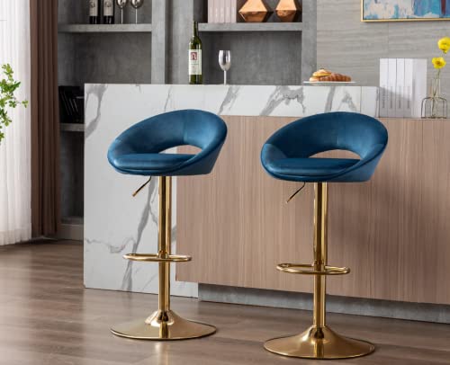 EALSON Counter Height Bar Stools Set of 2 Swivel Barstools with Low Back Modern Adjustable Bar Chairs with Gold Base Upholstered Velvet Comfortable Kitchen Island Stools, Navy Blue