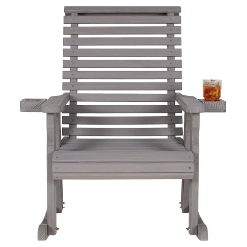 Amish Casual Heavy Duty 600 Lb Roll Back Pressure Treated Rocking Chair with Cupholders (Semi-Solid Grey Stain)