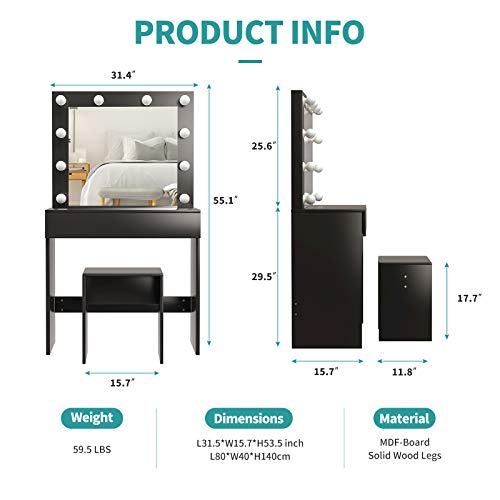 mecor LED Dressing Table Makeup Vanity Table w/10 LED Lights Mirror,Vanity Set with Stool&Drawer,Wood Dressing Table Bedroom Furniture Girls Women Gifts Black - Thumbnail 5