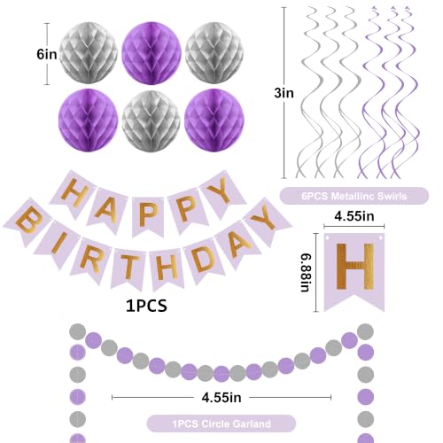Image of Purple Silver Birthday Decorations, Happy Birthday Banner with Honeycomb Balls, Circle Dot Garland and Hanging Swirl Decorations for Women Men Boys Girls (Purple Silver)