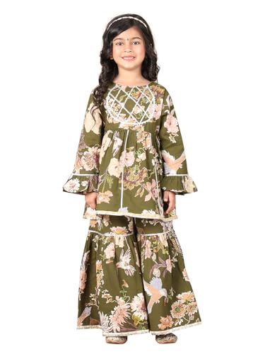 Image of superminis Girls Cotton Floral Printed Gotta Work Full Sleeves Kurti and Matching Sharara Ethnic Wear Set