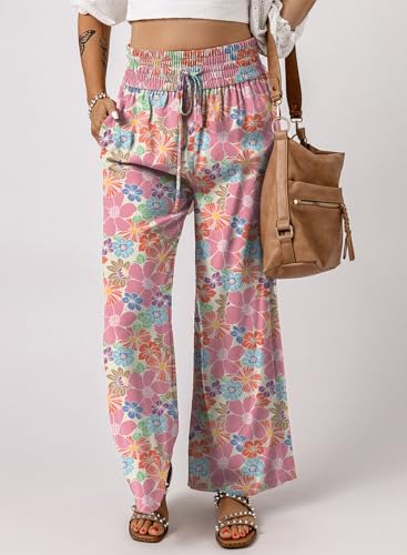 Casual Floral Smocked High Waist Loose Drawstring Pants with Pockets3