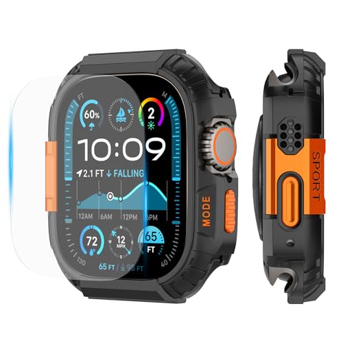 YIJDACASE Rugged Waterproof Case for Apple Watch Ultra 3/2/1 49mm with Screen Protector Metal & PC Bumper+9H Tempered Glass Stylish Shockproof Men Cover for Sports Black/Orange