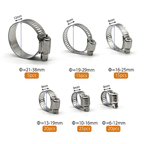 101 Pcs Hose Clamps Stainless Steel, Worm Gear Hose Clamp Assortment Kit Adjustable 6-38mm Range, Pipe Clamp for Water Tube, Automotive and Marine with Socket Wrench (1/4 to 1-1/2 inches)