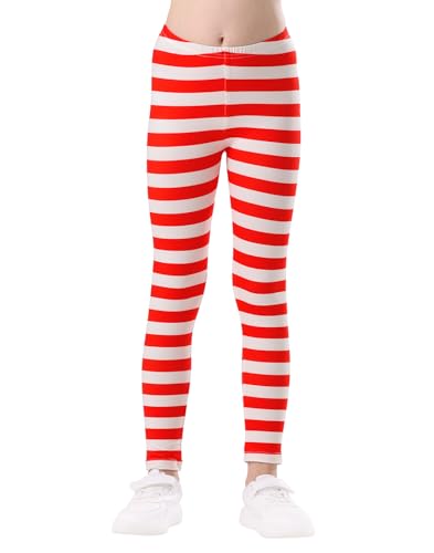 HDE Girl's Leggings Holiday Stretchy Full Ankle Length Striped Tights Red and White Stripes - 14-16