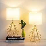 SOTTAE Gold Table Lamps Set of 2, Small Gold End Table Lamp with White Fabric Shade,Bedside Nightstand Lamp with Geometric Metal Design,Modern Desk Lamp for Living Room Bedroom