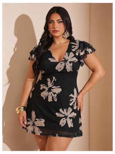 Image of BEAUDRM Women's Plus Size Cocktail Floral Short Dress Deep V Ruffle Short Sleeve Bodycon Mesh Wedding Guest Party Dresses