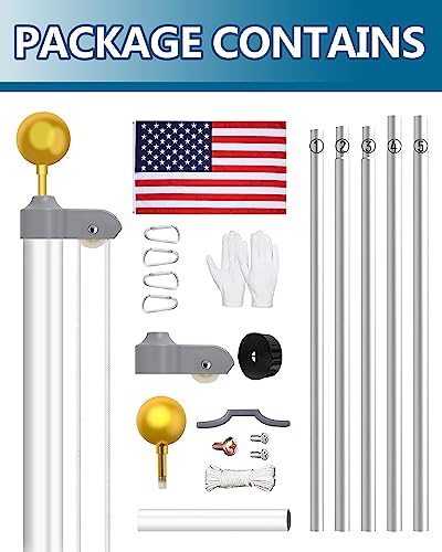 Kese 25Ft Sectional Flag Pole Kit, Heavy Duty Residential In-Ground Flagpole, Outdoor Inground Thicken Adjustable Height Aluminum Pole, Golden Ball Top, 3X5 Usa Flag, For Residential (25Ft, Silver) #TOP3
