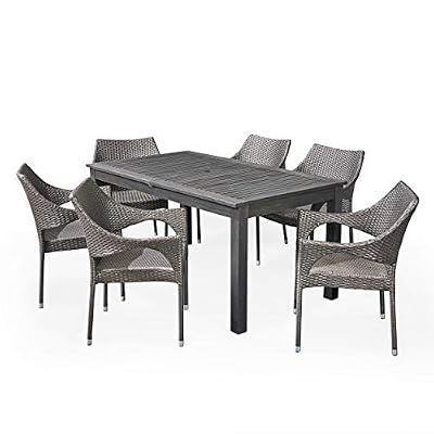 Great Deal Furniture GDFStudio Outdoor 7 Piece Wood and Wicker Expandable Dining Set, Dark Gray and Gray