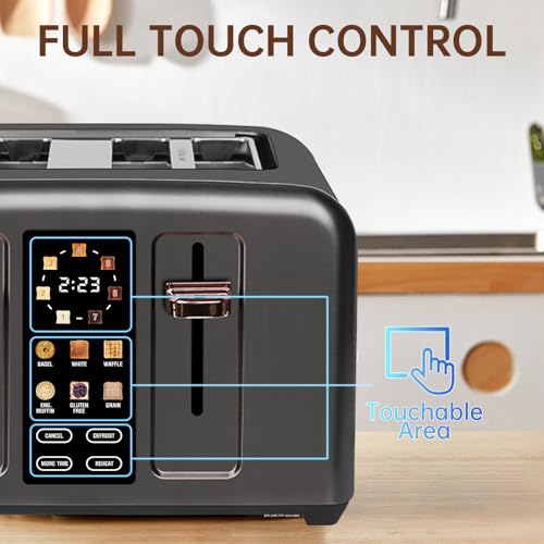 SEEDEEM Toaster 4 Slice, Full Touch control Toaster, LCD Display, 6 Bread Type, 7 Shade Settings, 1.4''Wide Slots，More Time Function, Removable Crumb Tray, 1800W, Dark Metallic