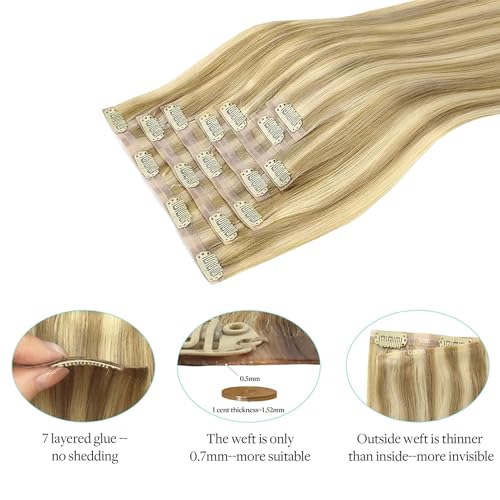 Image of DOORES Hair Extensions Seamless Clip in Real Human Hair, Light Blonde Highlighted Golden Blonde 24 Inch 120g 7pcs, Human Hair Extensions Skin Weft Remy Straight Hair Invisi Edge Hair Extensions