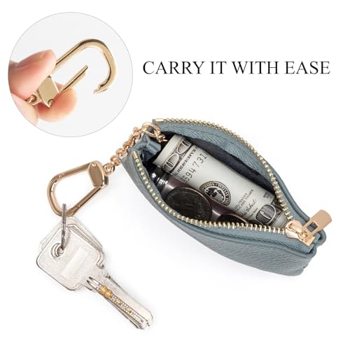 Image of Full Grain Leather Coin Purse with Key Chain - Small Change Purse Keychain Card Holder Keychain Pouch Small Keychain Wallet for Women and Men (Powder Blue)