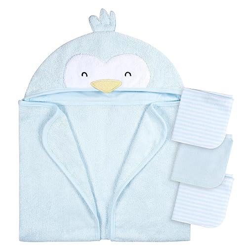 Image of Gerber Baby 4 Piece Animal Character Hooded Towel and Washcloth Set, Blue Penguin, One Size