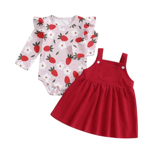 Image of Hnyenmcko Newborn Baby Girl Fall Clothes Ruffle Long Sleeve Floral Ribbed Romper Suspender Skirts Set Infant Winter Outfit