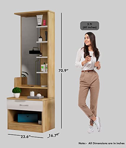 Image of Bniture Wooden Dressing Table for Bedroom with 1 Drawer, Mirror and Huge Storage Space | Long Dresser Vanity Table with Mirror (42D x 60W x 180H CM) | 1 Year Warranty (Giant Wood & Frosty White)