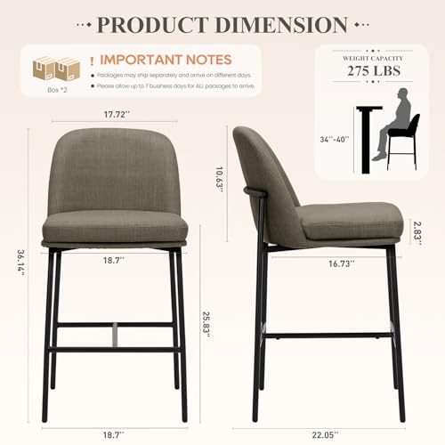 Image of COLAMY Counter Height Bar Stools Set of 4, 25 Inch Modern Fabric Kitchen Island Stools with Back, Upholstered Counter Barstools Armless Bar Chairs with Metal Legs for Island Dining Room Bar,Brown