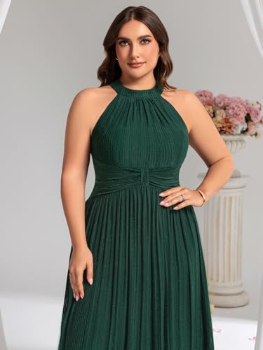 Image of Ever-Pretty Plus Women's Floor Length A-Line Halter Sleeveless Pleated Glitter Plus Size Formal Dress Evening Gown