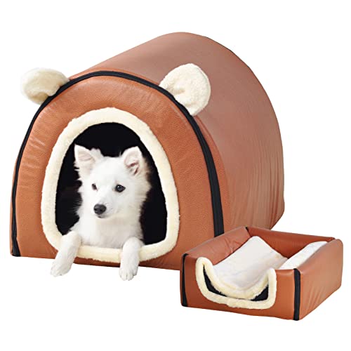 Image of Dog Bed,2 Ways to Use,Indoor Pet House with Fluffy Mat,Removable and Washable Cover,Splash-Proof House and Non-Slip Bottom,for Large Dogs(XL Brown Faux Leather)