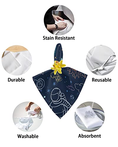 Universe Starry Sky Cloth Napkins Set Of 8, Washable Reusable Dinner Cocktail Napkin For Kitchen Party Wedding Banquet Holiday Baby Shower Table Decor Cartoon Astronaut Planet Sun Navy Blue #TOP5