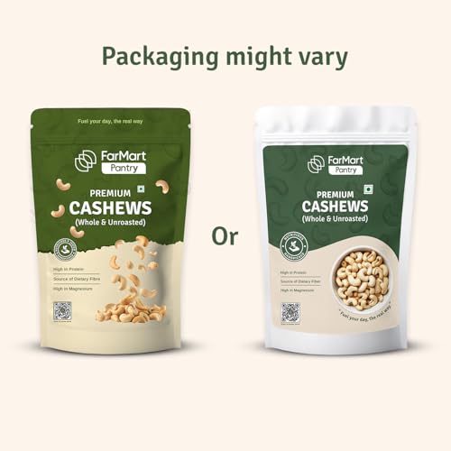 Image of FarMart Pantry Premium Cashews (Whole & Unroasted)| 500g Pack | W320 | Creamy, Crunchy & 100% Natural | High in Protein, Fibre & Magnesium | Ideal for Snacking, Cooking & Sweets |
