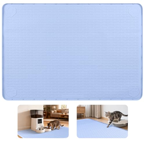 Cat Food Mat, 40" x 28" Extra Large Silicone Pet Feeding Mat with Raised Edge Pet Placemat for Food and Water Bowl Non-Slip, Easy to Clean, Floor Protection (Blue)