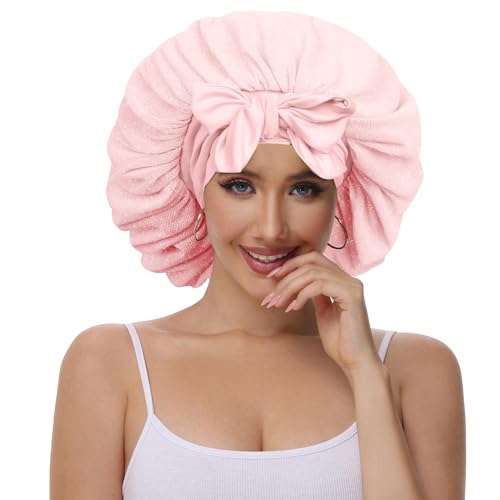 Vettres Satin Hair Bonnet for Sleeping Double Layer Bonnet with Tie Band Glittering Mesh Sleep Cap for Curly Natural Hair Pink — view 2
