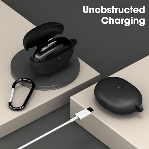 Image of Sounce Silicone Case Cover for Realme Buds Air 5 Pro, Portable Non-Slip Grip & Scratch-Resistant Protector with Carabiner Clip Full Protection Water Resistant, Shockproof Cover - Black