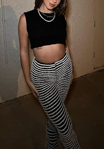 Dingang Women Fuzzy Flare Stacked Pants, Zebra Black And White Striped High Waist Sweatpants, Knitted Pajama Legging #TOP1