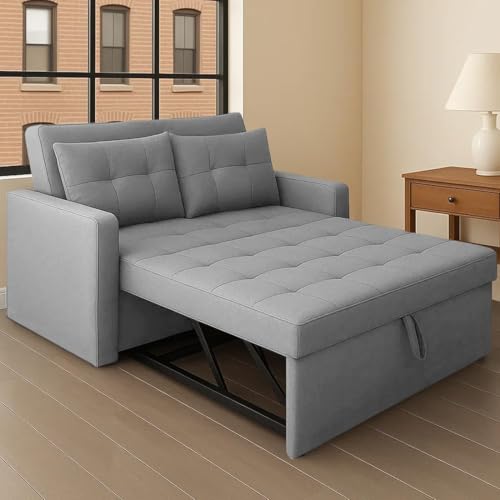 Image of FURNY Tressa 2 Seater Pull-Out Premium Fabric Sofa Cum Bed Sofa Set for Living Room (Light Grey Fabric) with Velvet Fabric