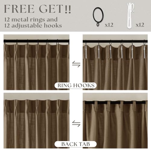 Image of TWODRAPES 60 Inch Width Curtains 92 Inches Long Linen Pinch Pleated Curtains for Living Room Bedroom Semi Sheer Back Tab Hooks Rings Extra Wide Pinch Pleat Drapes for Patio Glass Dutch Cocoa 1 Panel