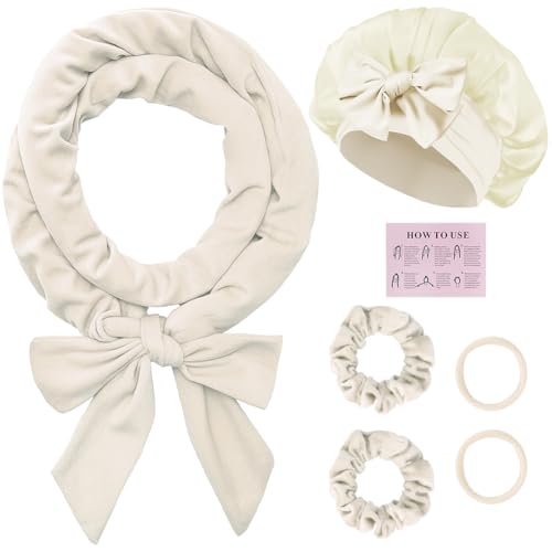 BUTBU Bigodino per Boccoli, Fascia Bigodino 6 Kit Fai da Te, Con Cuffia di Seta, Senza Calore, Con Fascia per Capelli, Morbido, per Salon Barber, Capelli Medi Lunghi-Bianco