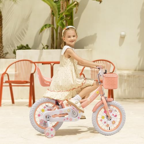 Image of Girls Bike with Basket for Toddlers and Kids Aged 3-14 Years Old, 12 14 16 18 Inch with Training Wheels & Doll Seat, 20 Inch with Kickstand & Rear Rack, Princess Style Bicycle for Gift.