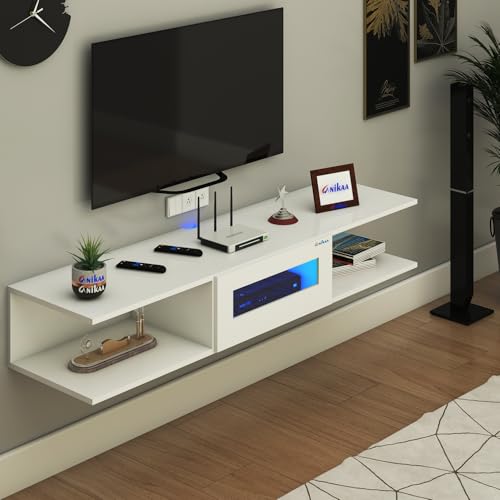Image of Anikaa Vetra Wall Mount Modern Floating TV Unit for Living Room with Open Shelf Storage Cabinet & Middle Cabinet Blue LED Light (Ideal for 32 to 65 inch TV, DIY Installation, White Finish)