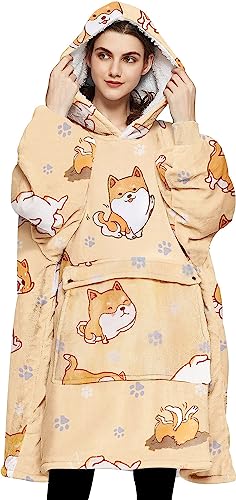 Image of KFUBUO Wearable Blanket Hoodie for Adults With Pocket All Patterns Dog | Sherpa, Fuzzy Blanket Hoodie, Oversized Sweatshirt Blanket, Kangaroo Pouch, Gifts for Mom, Cozy Gifts