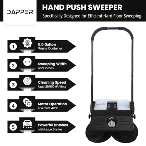 Image of Dapper Supply Walk-Behind Outdoor Hand Push Floor Sweeper - 6.5 Gallon Capacity - 22 inch Sweeping Width - Sweeps up to 25,500 ft /Hour, Grey