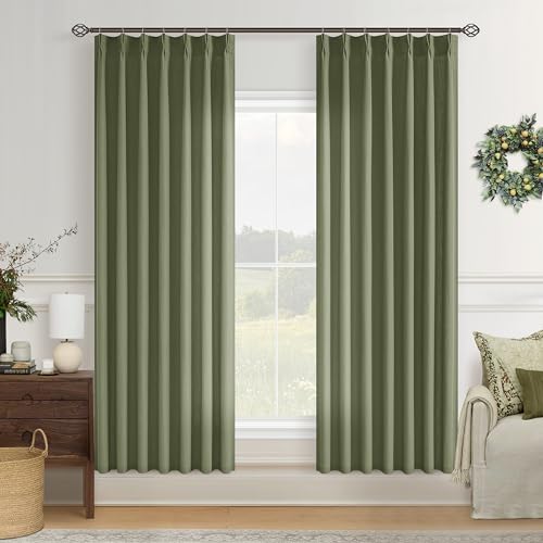 Image of Olive Green Pinch Pleated Linen Semi Sheer Curtains 72 Inch Long